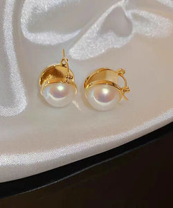 Modern White Sterling Silver Overgild Pearl V Shaped Opening Stud Earrings