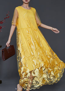 Modern Yellow Embroidered Hollow Out Tulle Dresses Summer