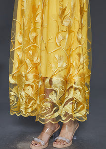 Modern Yellow Embroidered Hollow Out Tulle Dresses Summer