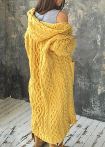 Modern Yellow Pockets Cozy Cotton Knit Maxi Cable Cardigans Fall