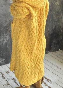 Modern Yellow Pockets Cozy Cotton Knit Maxi Cable Cardigans Fall