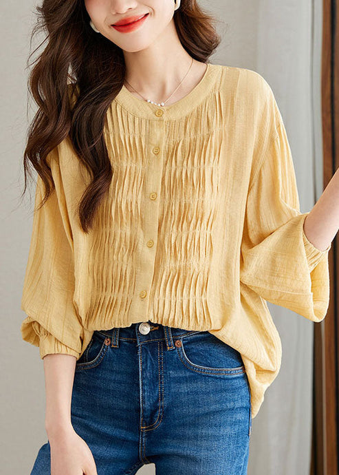 Modern Yellow Wrinkled Button Patchwork Chiffon Top Long Sleeve