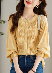 Modern Yellow Wrinkled Button Patchwork Chiffon Top Long Sleeve