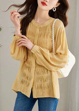 Load image into Gallery viewer, Modern Yellow Wrinkled Button Patchwork Chiffon Top Long Sleeve