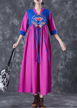 Load image into Gallery viewer, National Style Purple Red Embroidered Patchwork Tasseled Linen Dresses Summer