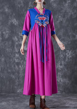 Load image into Gallery viewer, National Style Purple Red Embroidered Patchwork Tasseled Linen Dresses Summer