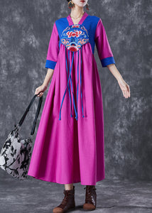 National Style Purple Red Embroidered Patchwork Tasseled Linen Dresses Summer