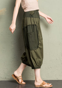 Natural Army Green Pockets Patchwork Cotton Lantern Pants Summer