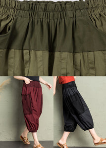 Natural Army Green Pockets Patchwork Cotton Lantern Pants Summer