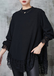 Natural Black Oversized Patchwork Lace Cotton Sweatshirts Top Spring