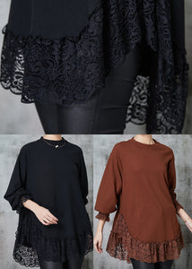 Natural Black Oversized Patchwork Lace Cotton Sweatshirts Top Spring