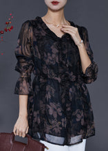 Load image into Gallery viewer, Natural Black Ruffled Print Tulle Tops Spring