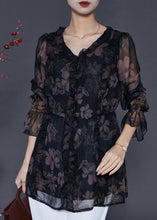 Load image into Gallery viewer, Natural Black Ruffled Print Tulle Tops Spring