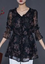 Load image into Gallery viewer, Natural Black Ruffled Print Tulle Tops Spring