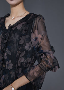 Natural Black Ruffled Print Tulle Tops Spring