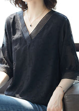 Load image into Gallery viewer, Natural Black V Neck Jacquard Patchwork Chiffon T Shirt Top Summer