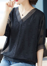 Load image into Gallery viewer, Natural Black V Neck Jacquard Patchwork Chiffon T Shirt Top Summer