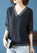 Load image into Gallery viewer, Natural Black V Neck Jacquard Patchwork Chiffon T Shirt Top Summer