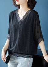 Load image into Gallery viewer, Natural Black V Neck Jacquard Patchwork Chiffon T Shirt Top Summer