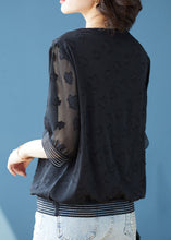 Load image into Gallery viewer, Natural Black V Neck Jacquard Patchwork Chiffon T Shirt Top Summer