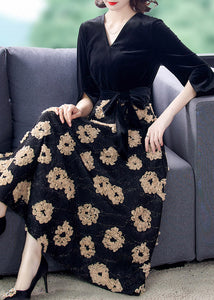 Natural Black V Neck Print Patchwork Tie Waist Silk Velour Maxi Dresses Spring