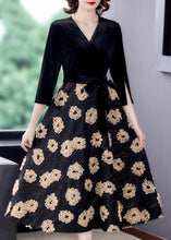 Load image into Gallery viewer, Natural Black V Neck Print Patchwork Tie Waist Silk Velour Maxi Dresses Spring