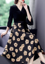 Load image into Gallery viewer, Natural Black V Neck Print Patchwork Tie Waist Silk Velour Maxi Dresses Spring