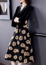 Load image into Gallery viewer, Natural Black V Neck Print Patchwork Tie Waist Silk Velour Maxi Dresses Spring