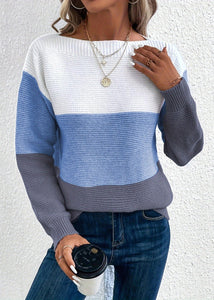 Natural Blue O Neck Patchwork Knit Pullover Sweaters Fall