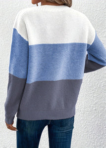 Natural Blue O Neck Patchwork Knit Pullover Sweaters Fall