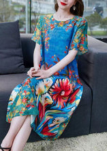 Load image into Gallery viewer, Natural Blue O Neck Print Patchwork Chiffon Dress Summer