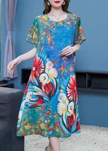 Load image into Gallery viewer, Natural Blue O Neck Print Patchwork Chiffon Dress Summer