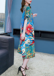 Natural Blue O Neck Print Patchwork Chiffon Dress Summer