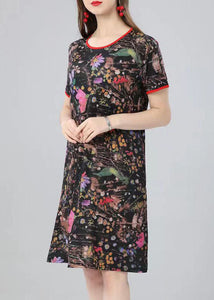 Natural Floral O Neck Print Patchwork Cotton Mid Dress Summer