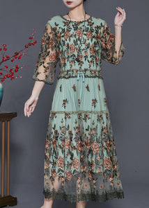 Natural Green Embroidered Tulle Robe Dresses Summer