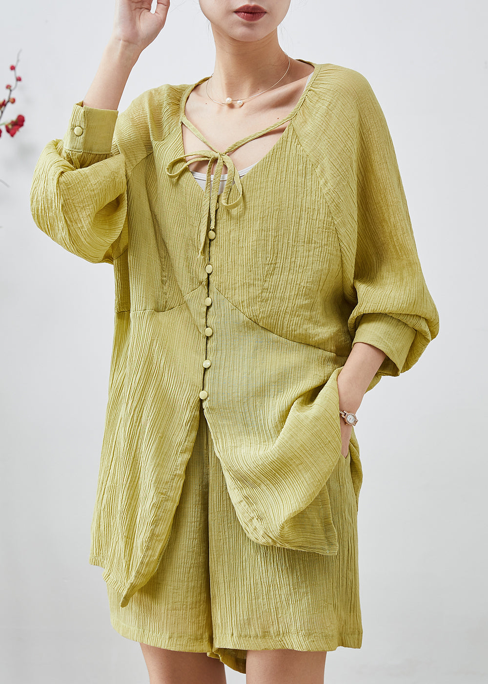 Natural Green Oversized Wrinkled Cotton Two Pieces Set Summer