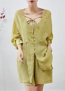 Natural Green Oversized Wrinkled Cotton Two Pieces Set Summer