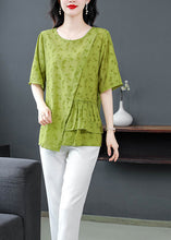 Load image into Gallery viewer, Natural Green Print Asymmetrical Patchwork Linen Blouses Summer