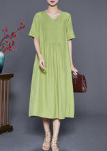 Load image into Gallery viewer, Natural Green V Neck Wrinkled Cotton Maxi Dresses Summer