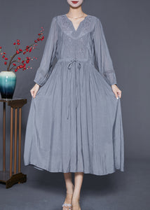 Natural Grey Embroidered Cinched Patchwork Cotton Dresses Summer