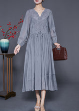 Load image into Gallery viewer, Natural Grey Embroidered Cinched Patchwork Cotton Dresses Summer