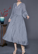 Load image into Gallery viewer, Natural Grey Embroidered Cinched Patchwork Cotton Dresses Summer