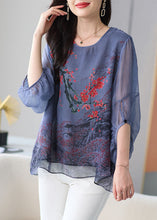 Load image into Gallery viewer, Natural Grey O Neck Print Patchwork Chiffon Shirt Tops Lantern Sleeve