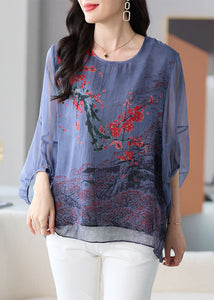 Natural Grey O Neck Print Patchwork Chiffon Shirt Tops Lantern Sleeve