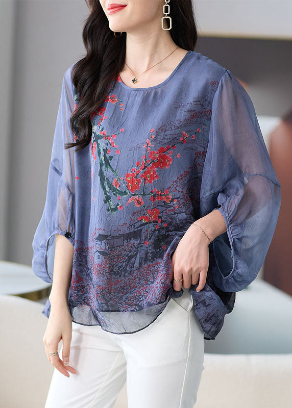 Natural Grey O Neck Print Patchwork Chiffon Shirt Tops Lantern Sleeve