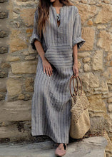 Load image into Gallery viewer, Natural Grey O-Neck Striped Patchwork Long Dresses Spring