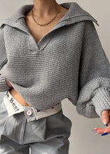 Load image into Gallery viewer, Natural Grey Peter Pan Collar Thick Cotton Knit Sweater Lantern Sleeve