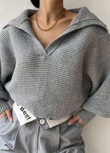 Natural Grey Peter Pan Collar Thick Cotton Knit Sweater Lantern Sleeve