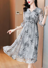 Load image into Gallery viewer, Natural Grey V Neck Ruffled Print Silk Dress Summer