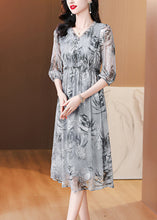 Load image into Gallery viewer, Natural Grey V Neck Ruffled Print Silk Dress Summer